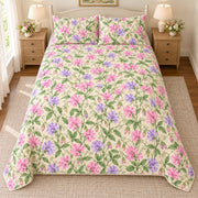 Pastel Sweet Pea Trellis quilt set, overhead fully spread, AI-generated mockup