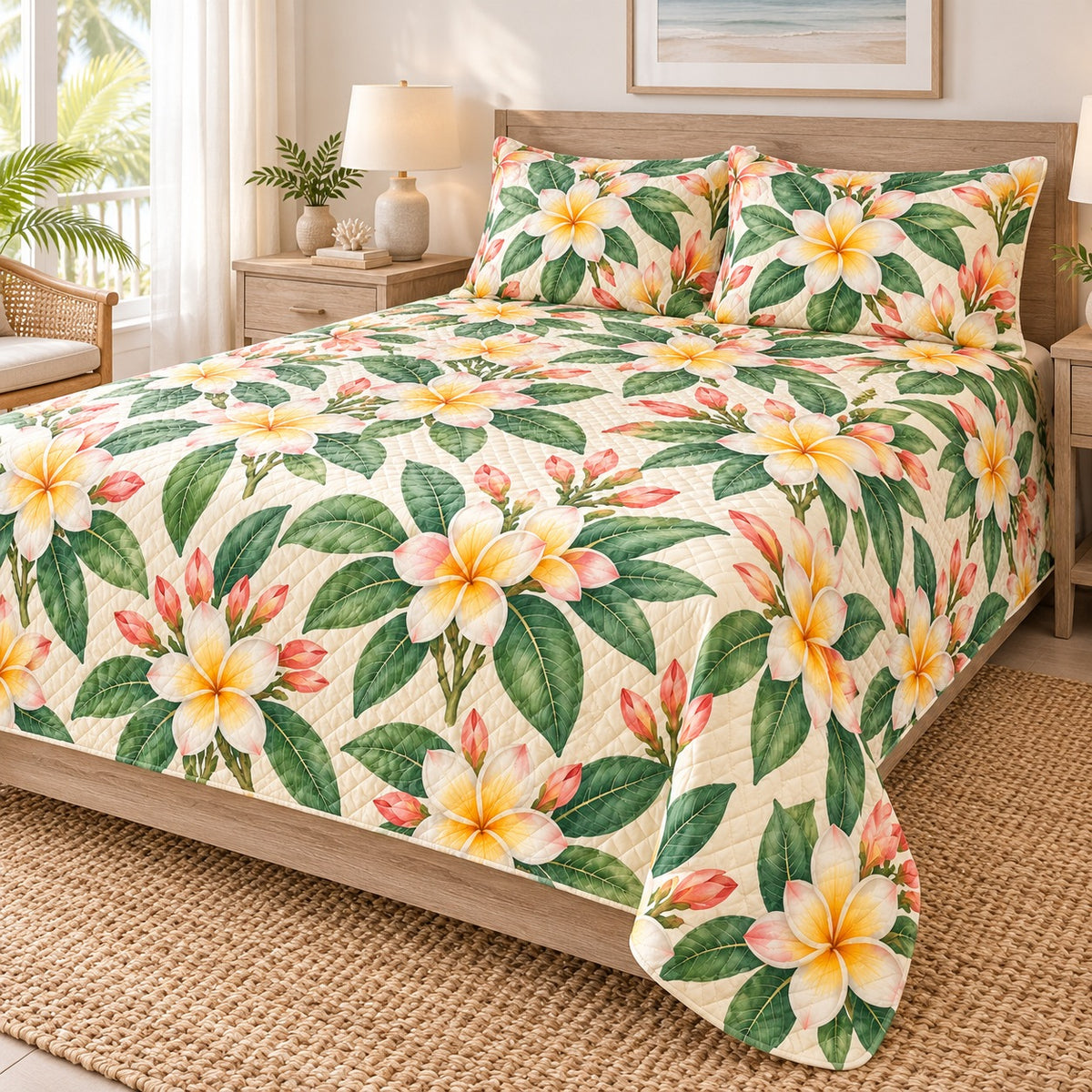 Island Plumeria Breeze quilt set, right hero, AI-generated mockup
