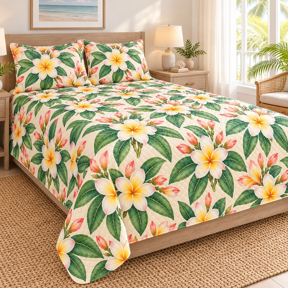 Island Plumeria Breeze quilt set, left, AI-generated mockup