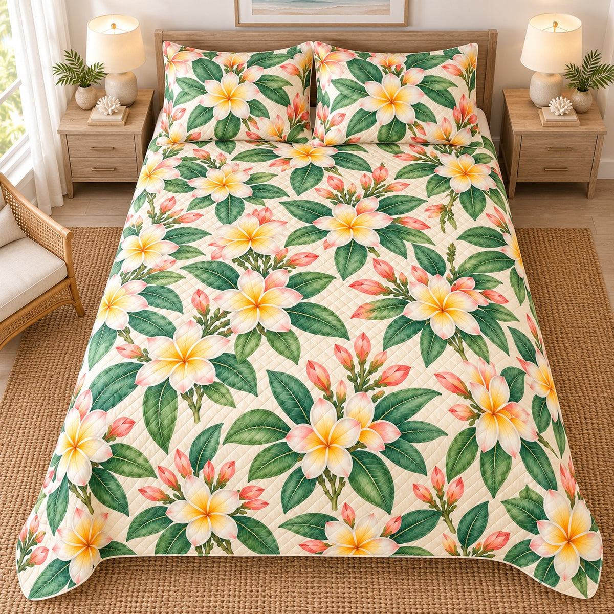 Island Plumeria Breeze quilt set, overhead fully spread, AI-generated mockup