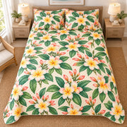 Island Plumeria Breeze quilt set, overhead fully spread, AI-generated mockup