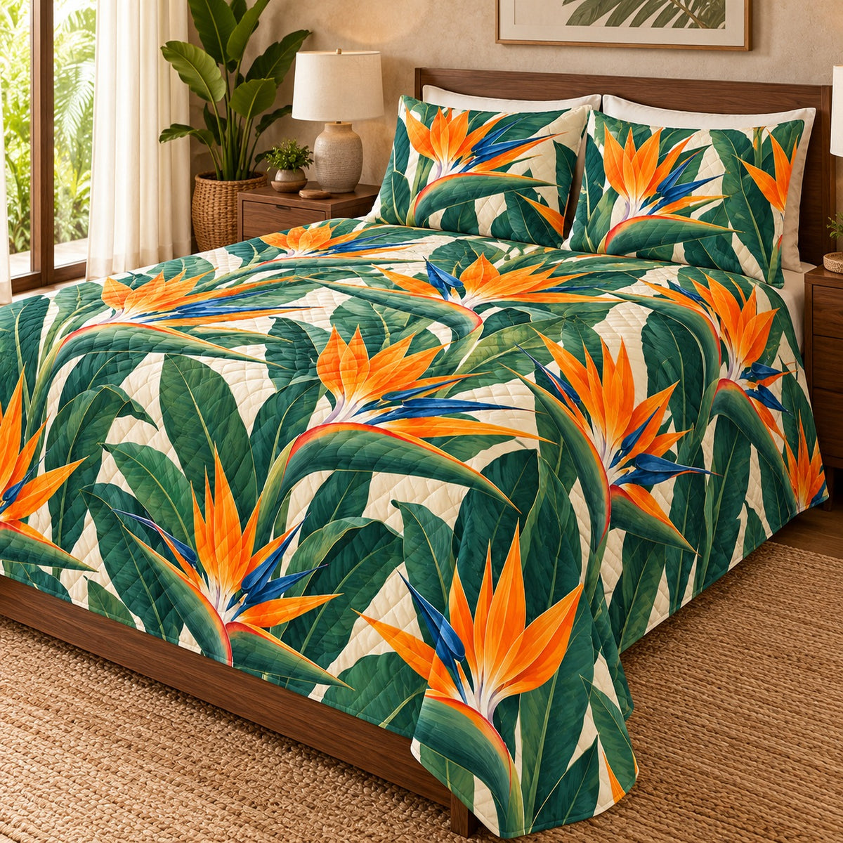 Bird of Paradise Statement quilt set, right hero, AI-generated mockup