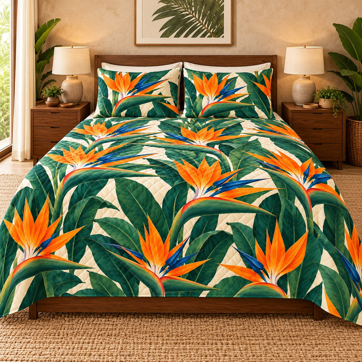 Bird of Paradise Statement quilt set, front, AI-generated mockup