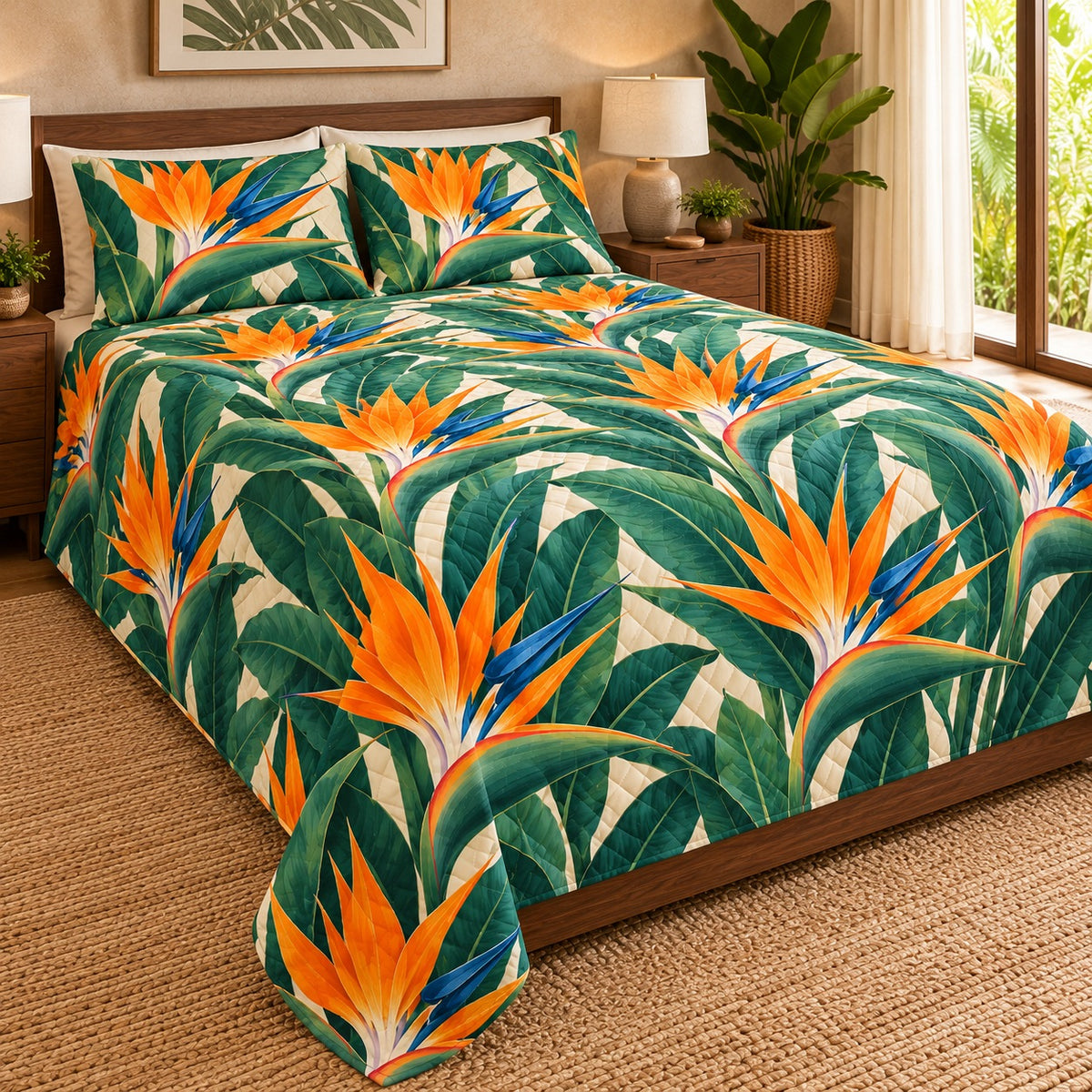 Bird of Paradise Statement quilt set, left, AI-generated mockup