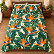 Bird of Paradise Statement quilt set, overhead fully spread, AI-generated mockup