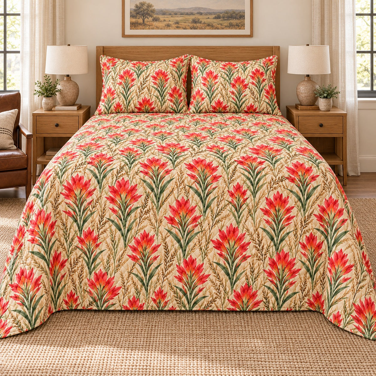 Texas Indian Paintbrush quilt set, front, AI-generated mockup