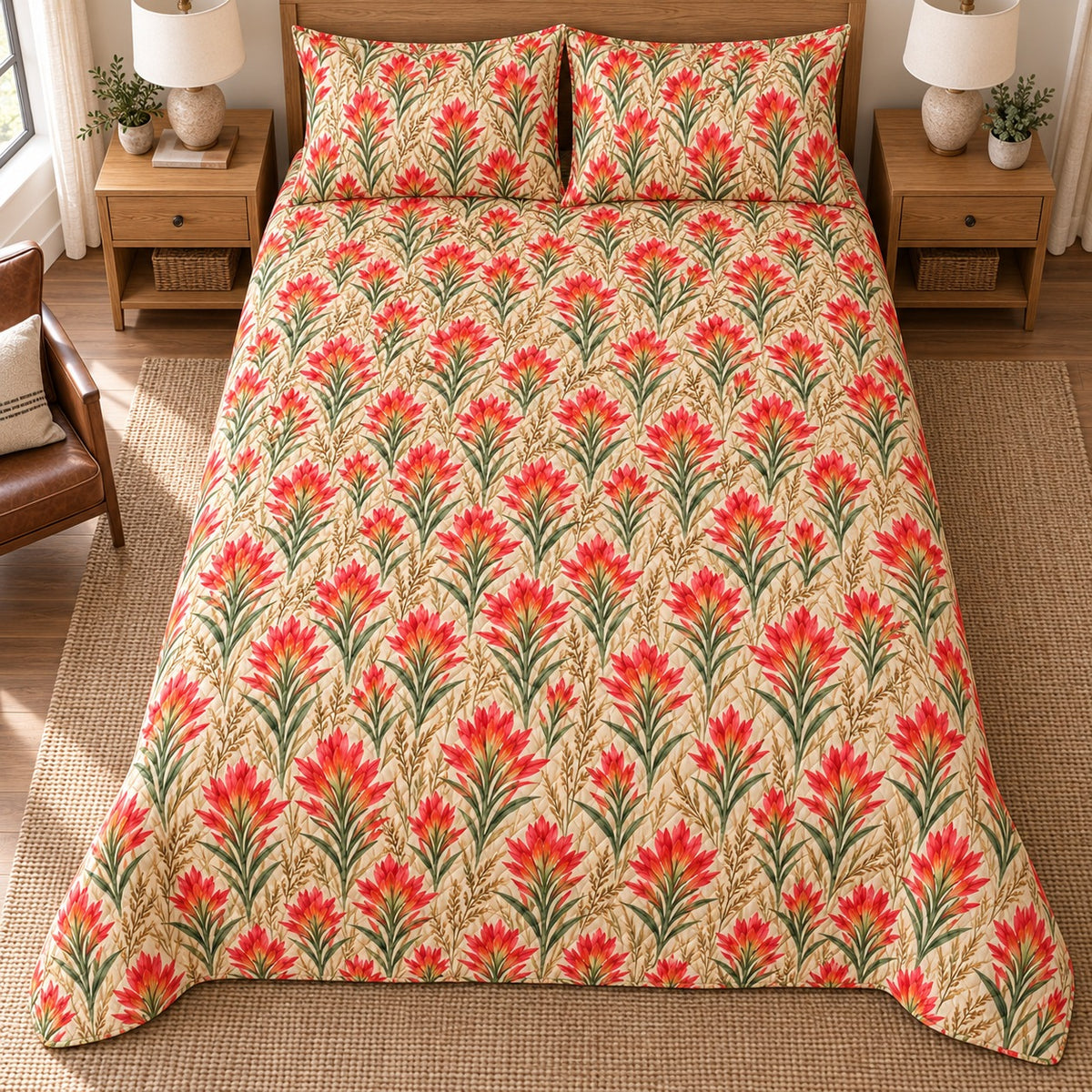 Texas Indian Paintbrush quilt set, overhead fully spread, AI-generated mockup