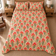 Texas Indian Paintbrush quilt set, overhead fully spread, AI-generated mockup