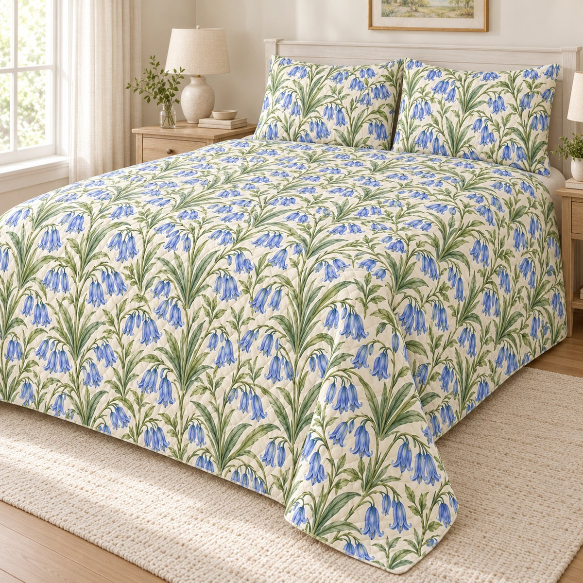 Bluebell Woodland Spring quilt set, right hero, AI-generated mockup