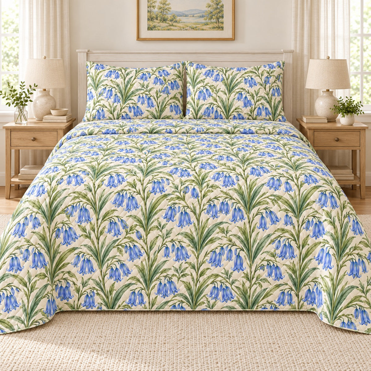 Bluebell Woodland Spring quilt set, front, AI-generated mockup