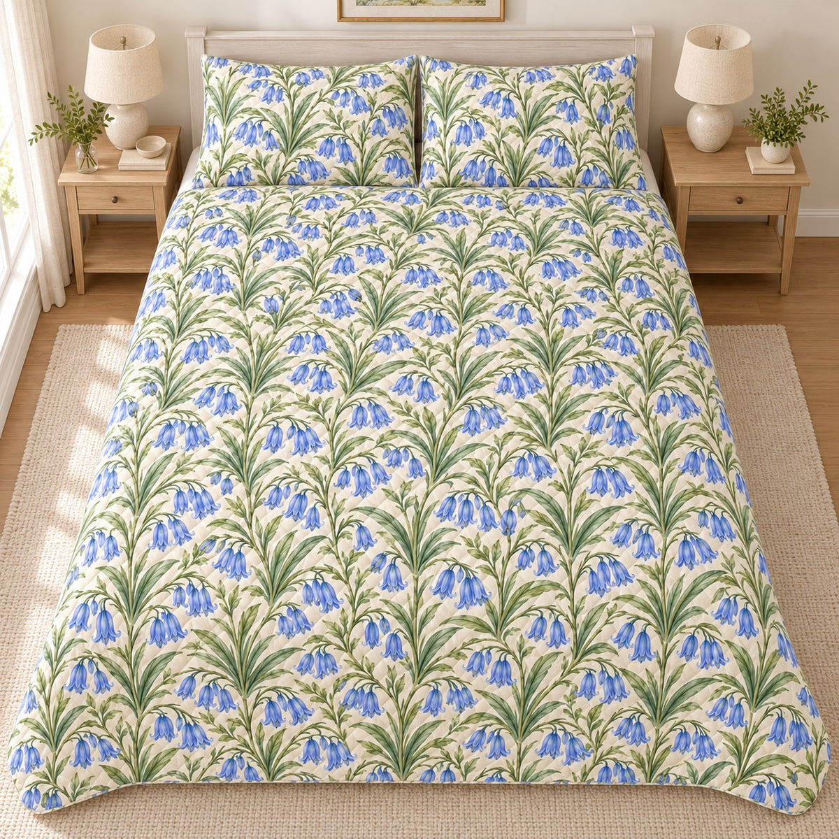 Bluebell Woodland Spring quilt set, overhead fully spread, AI-generated mockup