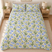 Bluebell Woodland Spring quilt set, overhead fully spread, AI-generated mockup