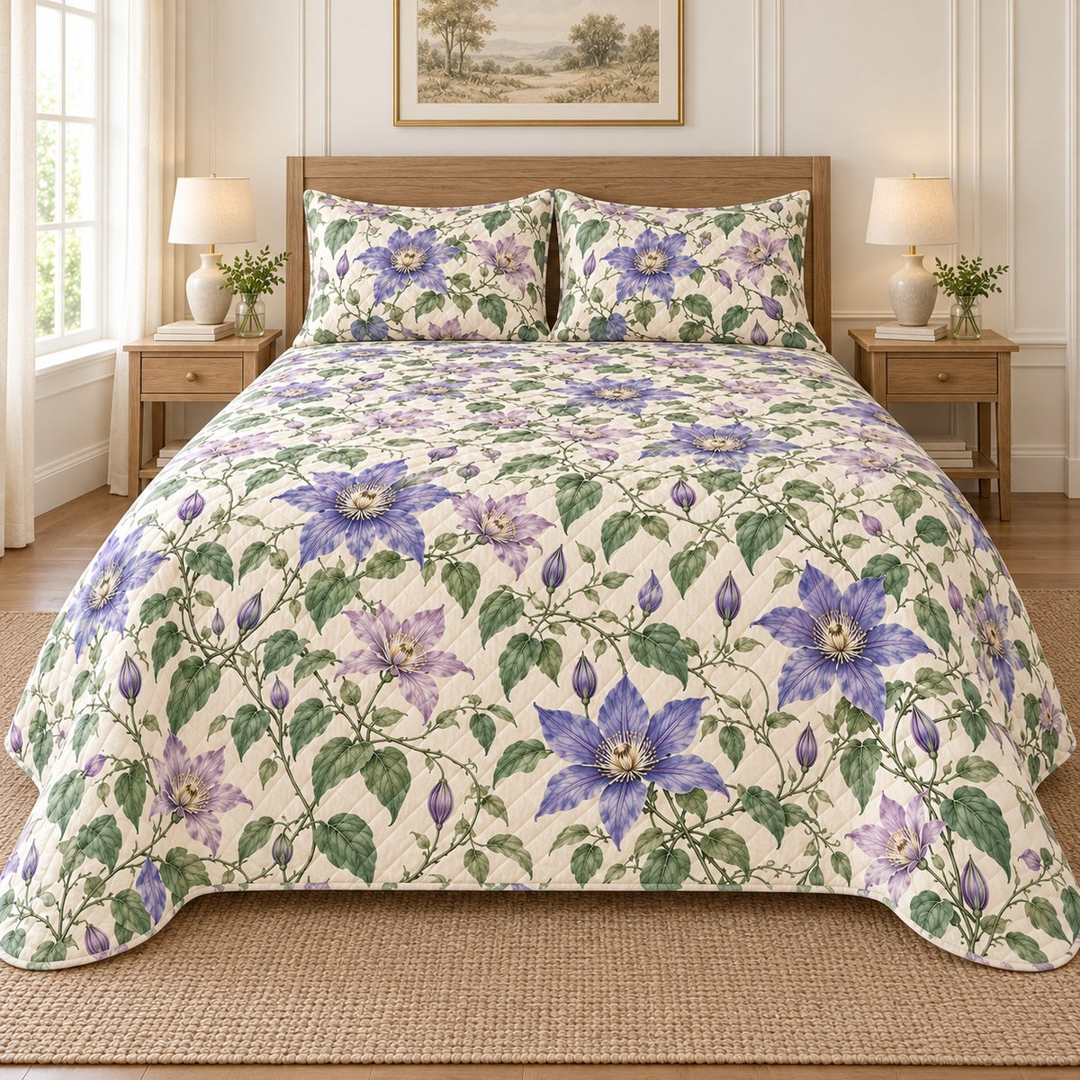 Clematis quilt set, front, AI-generated mockup