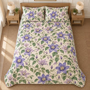 Clematis quilt set, overhead fully spread, AI-generated mockup