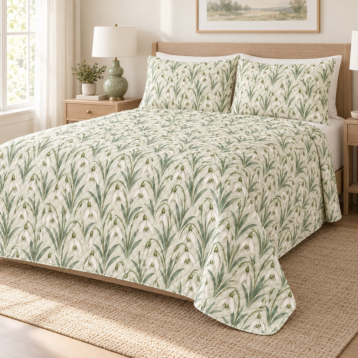Snowdrop Winter Whisper quilt set, 01-hero, AI-generated mockup