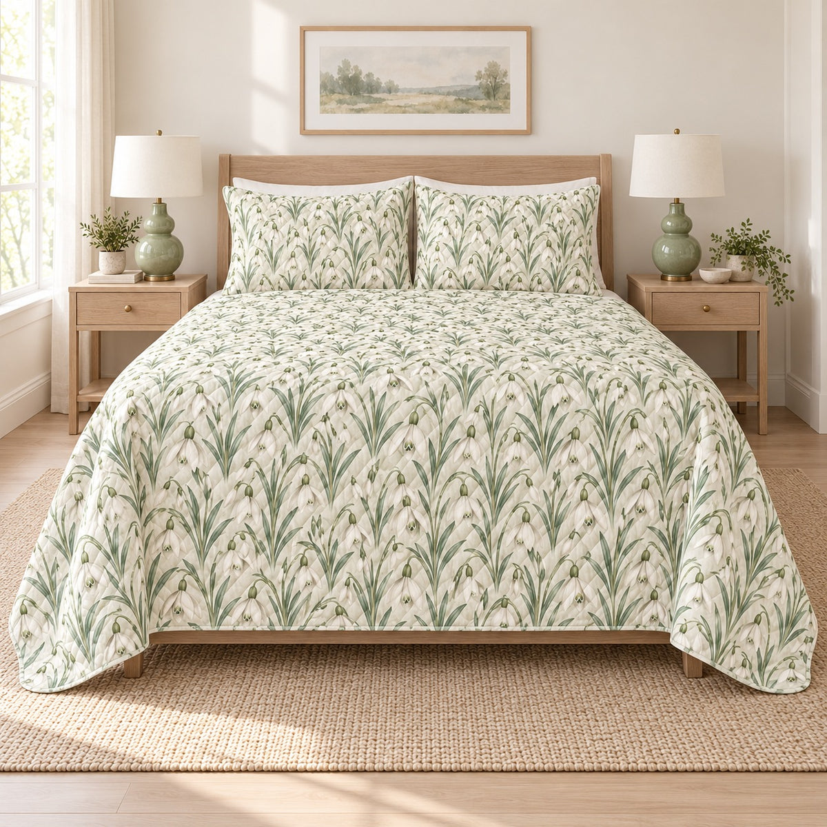 Snowdrop Winter Whisper quilt set, 02-front, AI-generated mockup
