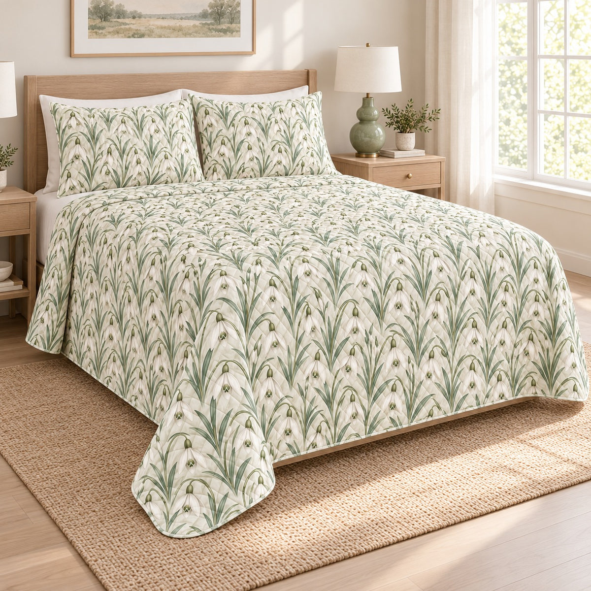 Snowdrop Winter Whisper quilt set, 03-left, AI-generated mockup