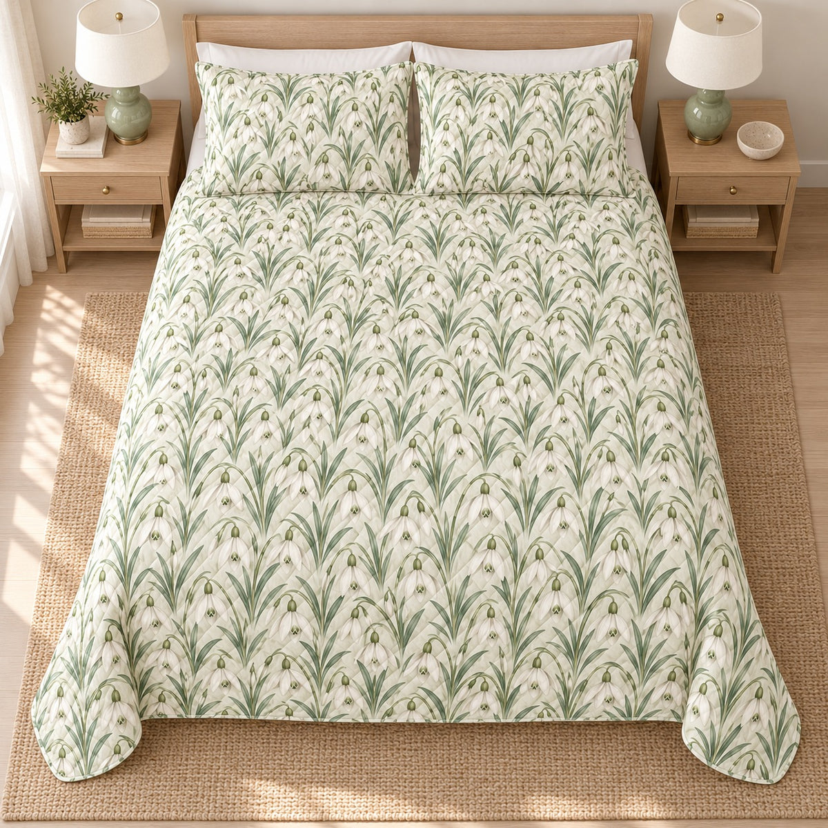 Snowdrop Winter Whisper quilt set, 04-overhead, AI-generated mockup