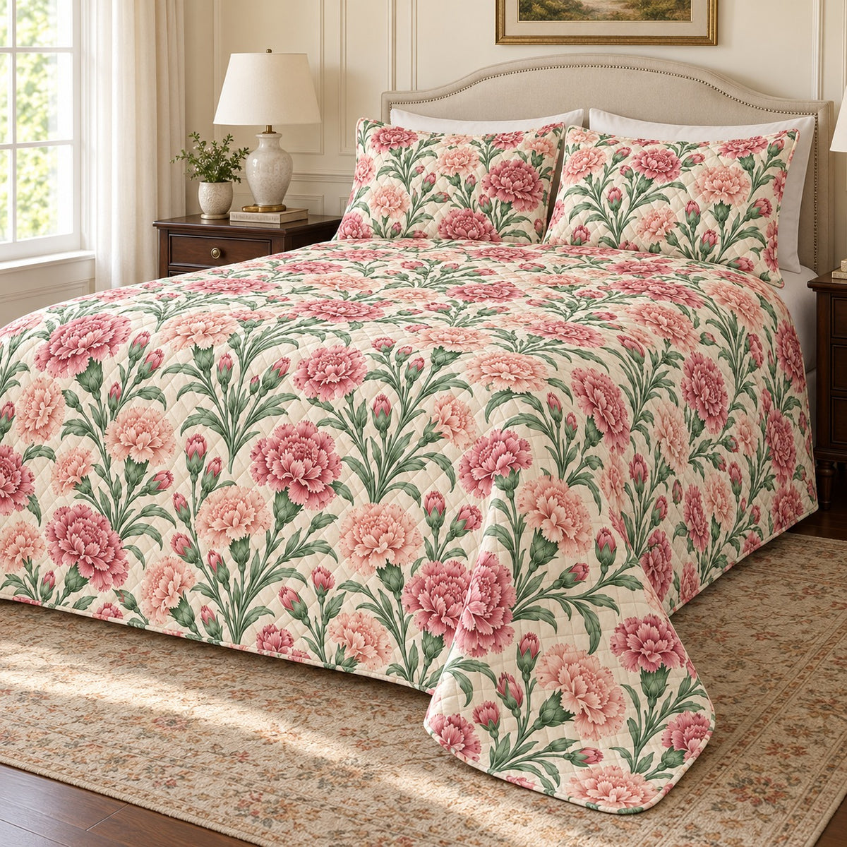 Carnation Vintage Bloom quilt set, 01-hero, AI-generated mockup