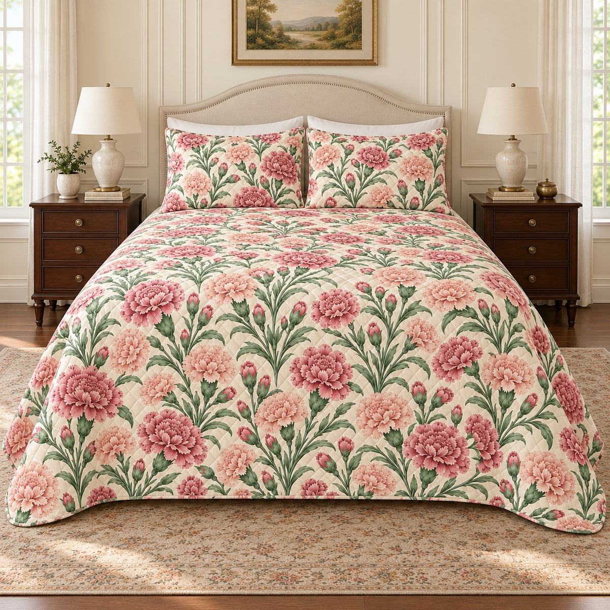 Carnation Vintage Bloom quilt set, 02-front, AI-generated mockup