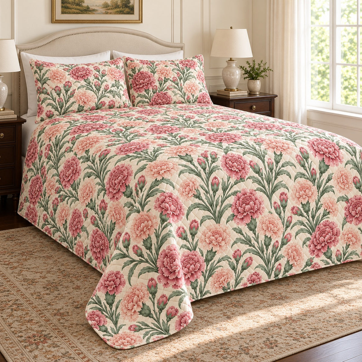 Carnation Vintage Bloom quilt set, 03-left, AI-generated mockup