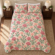 Carnation Vintage Bloom quilt set, 04-overhead, AI-generated mockup