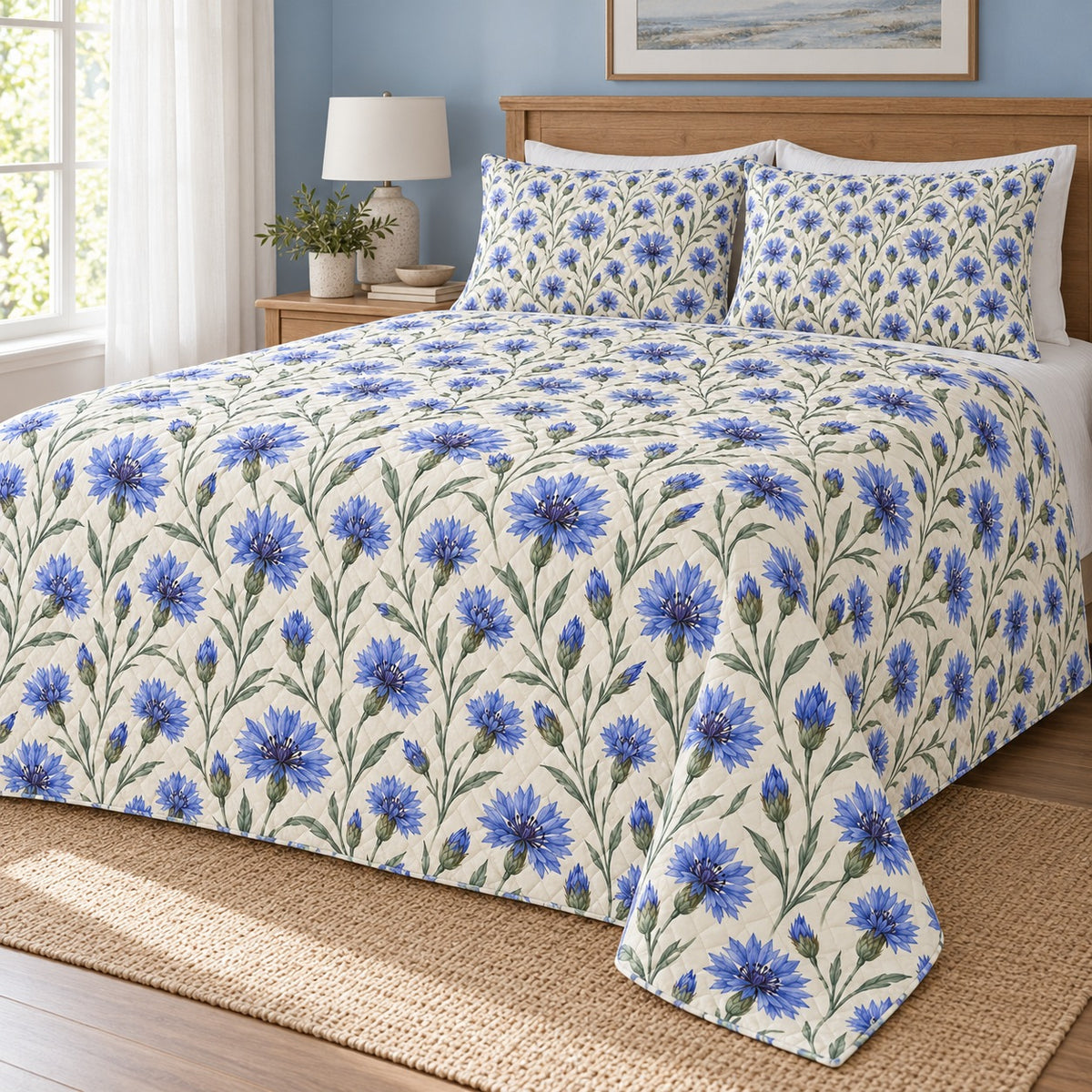 Cornflower Indigo Meadow quilt set, 01-hero, AI-generated mockup