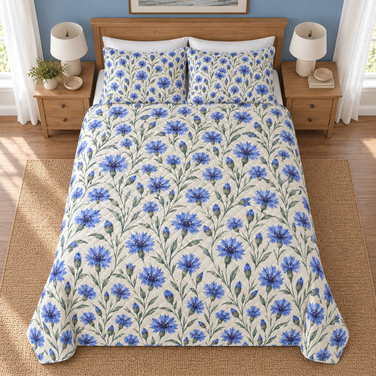 Cornflower Indigo Meadow quilt set, 04-overhead, AI-generated mockup