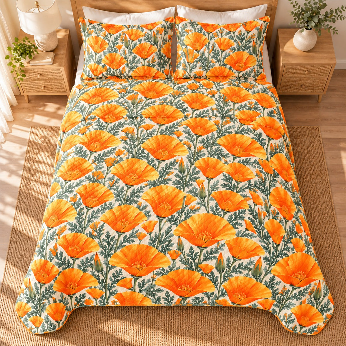 California Poppy Golden Hills quilt set, 04-overhead, AI-generated mockup
