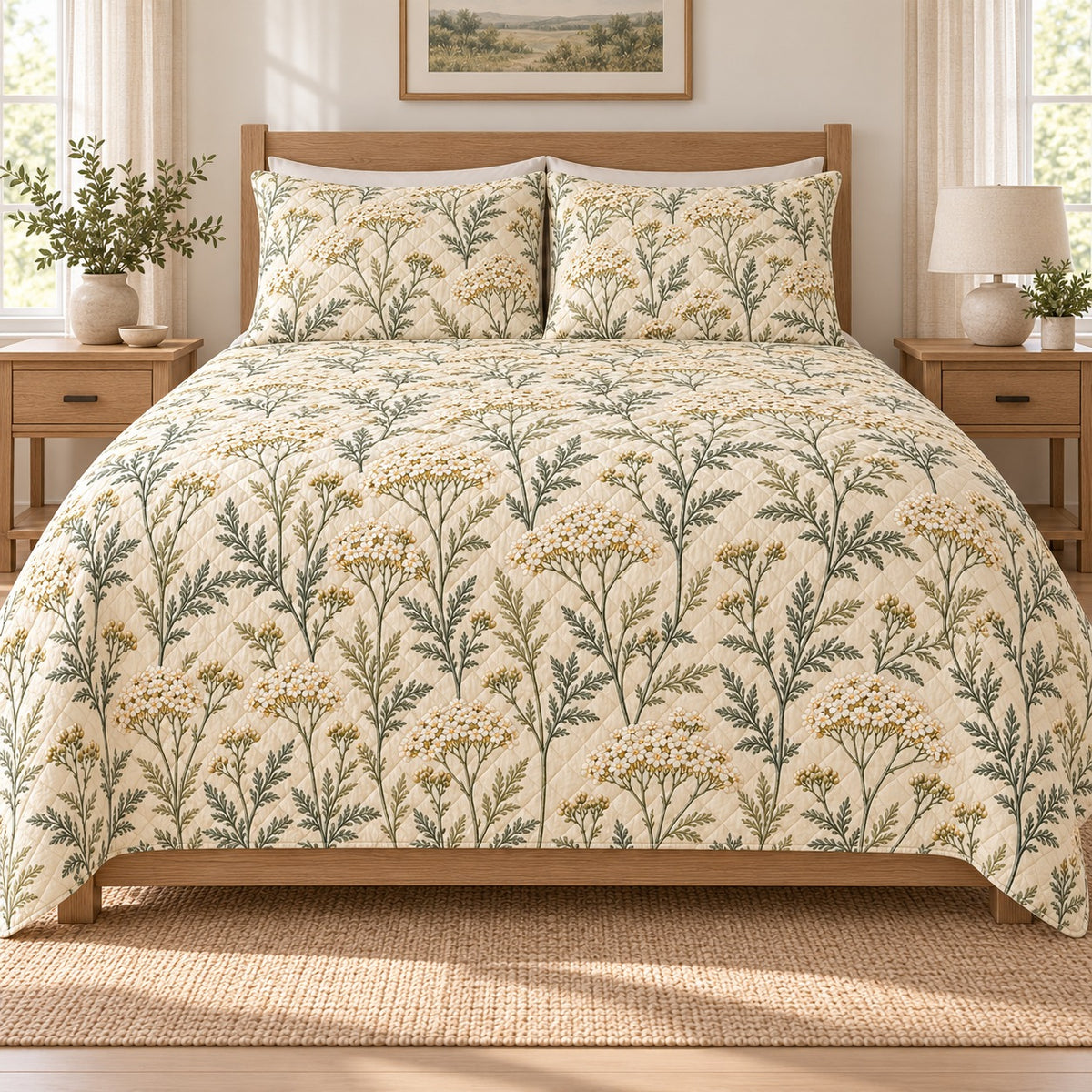 Soft Yarrow Prairie quilt set, 02-front, AI-generated mockup