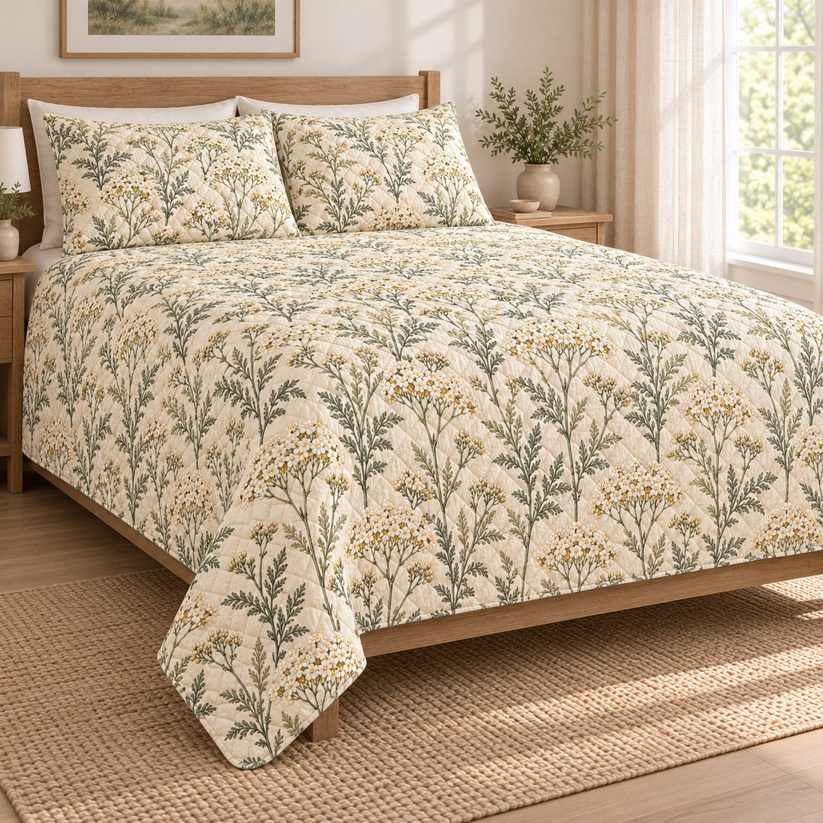 Soft Yarrow Prairie quilt set, 03-left, AI-generated mockup