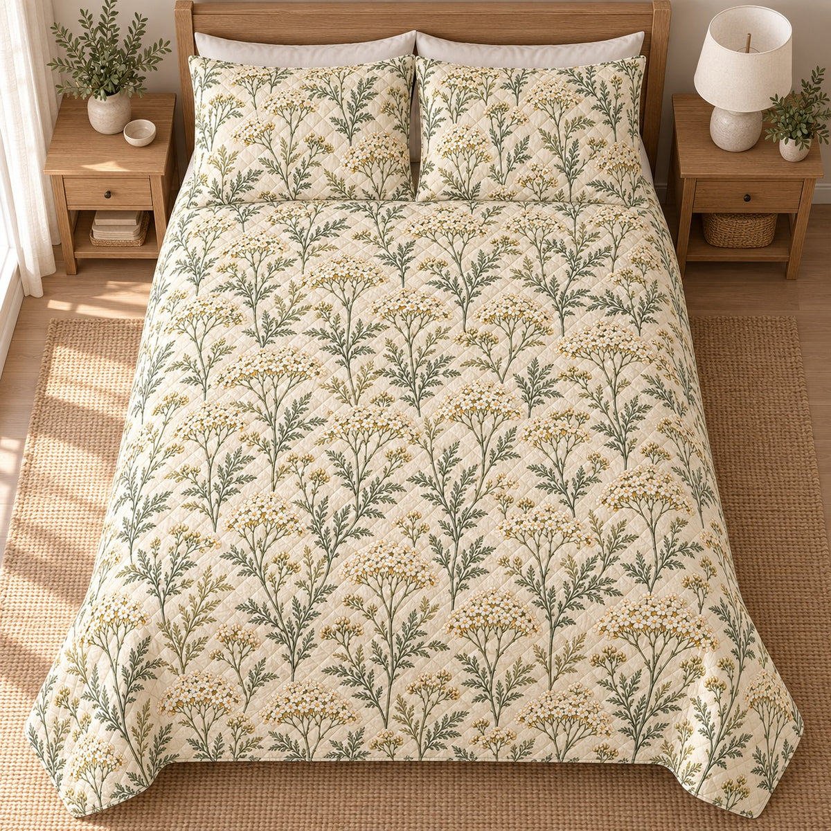 Soft Yarrow Prairie quilt set, 04-overhead, AI-generated mockup