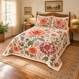Dahlia Heirloom Herbarium Quilt Set, Vintage Floral Bedding, Housewarming Gift