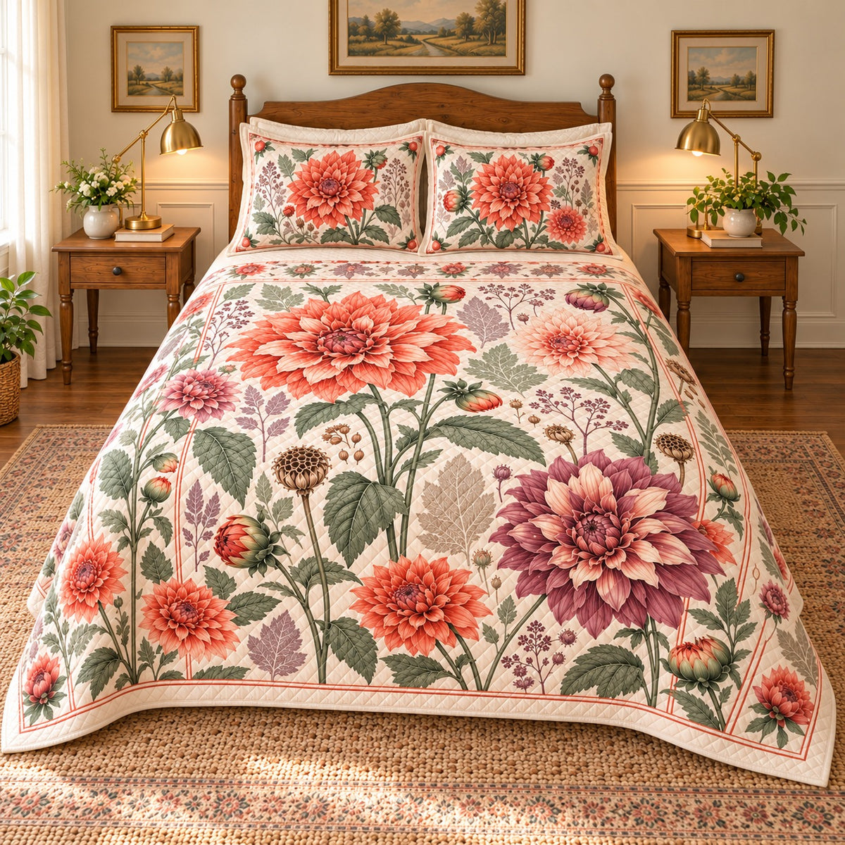 Dahlia Heirloom Herbarium quilt set, 02-front, AI-generated mockup