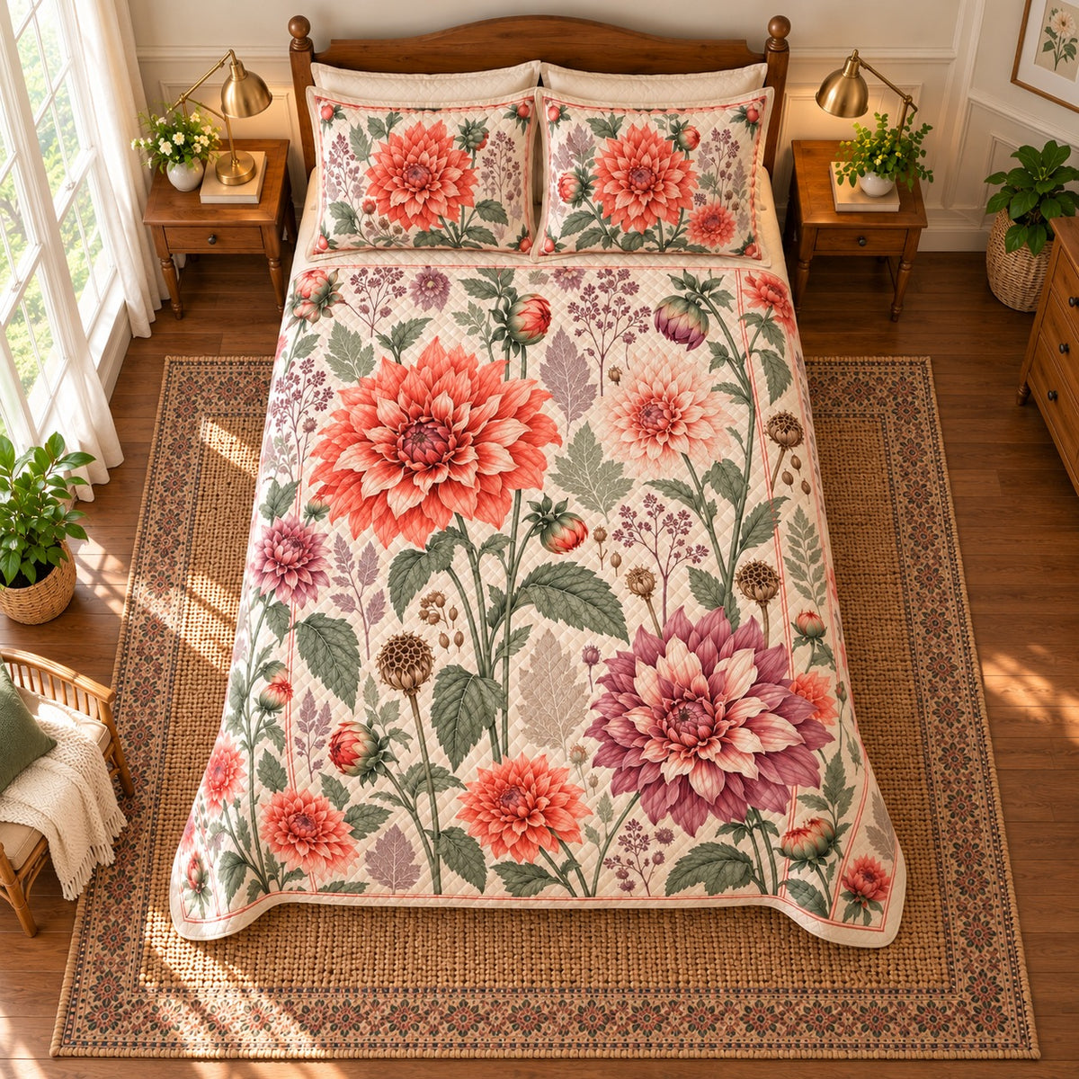 Dahlia Heirloom Herbarium quilt set, 04-overhead, AI-generated mockup