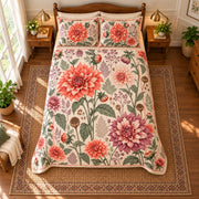 Dahlia Heirloom Herbarium quilt set, 04-overhead, AI-generated mockup