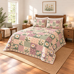 Shasta Daisy Cottage Patchwork Print Quilt Set, Floral Bedding, Housewarming Gift