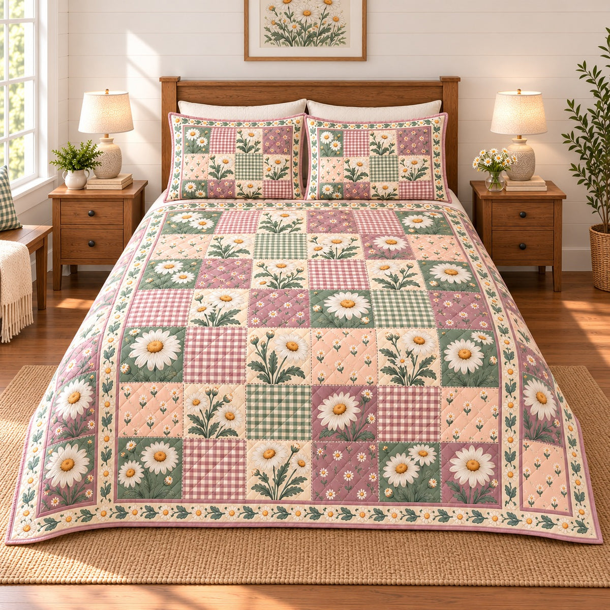 Shasta Daisy Cottage Patchwork Print quilt set, 02-front, AI-generated mockup