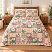 Shasta Daisy Cottage Patchwork Print quilt set, 02-front, AI-generated mockup