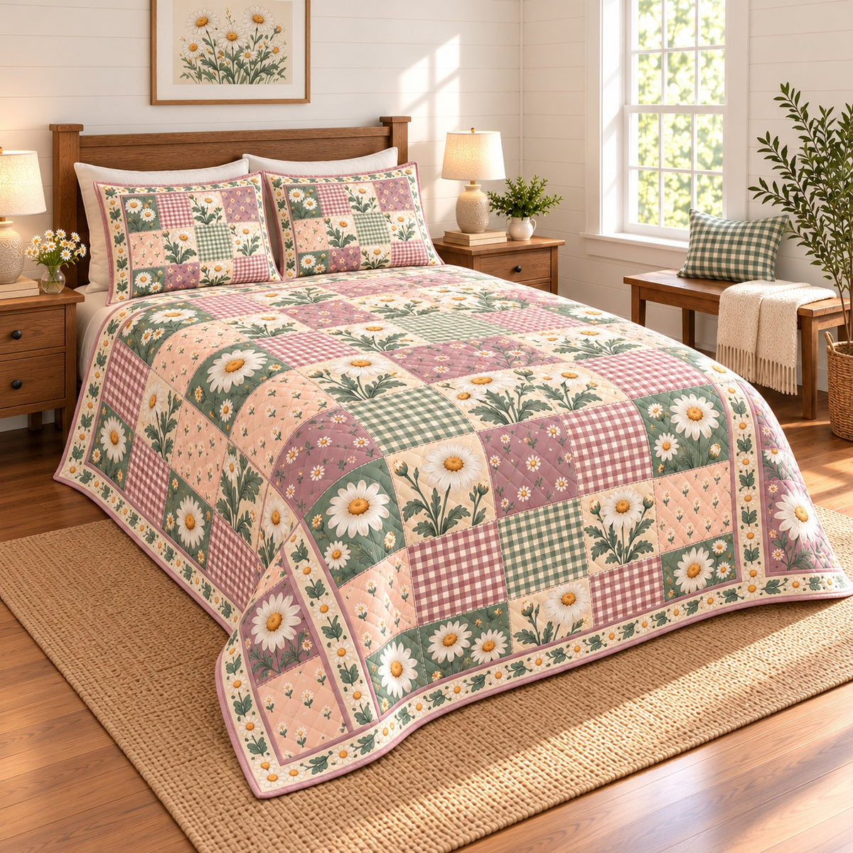 Shasta Daisy Cottage Patchwork Print quilt set, 03-left, AI-generated mockup