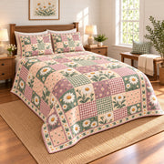 Shasta Daisy Cottage Patchwork Print quilt set, 03-left, AI-generated mockup