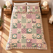 Shasta Daisy Cottage Patchwork Print quilt set, 04-overhead, AI-generated mockup