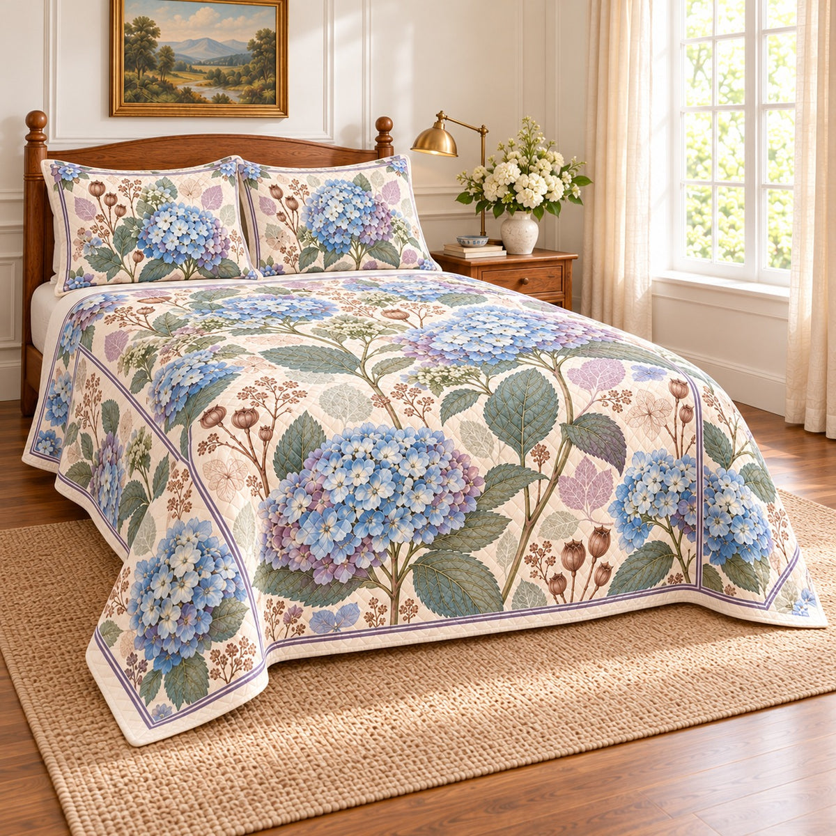 Hydrangea Heirloom Herbarium quilt set, 03-left, AI-generated mockup