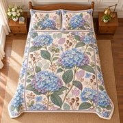 Hydrangea Heirloom Herbarium quilt set, 04-overhead, AI-generated mockup