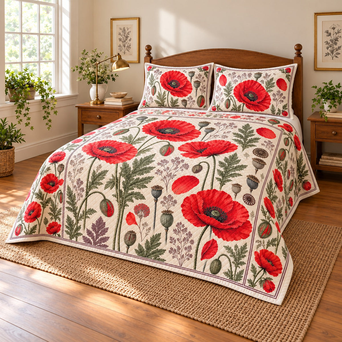 Red Poppy Heirloom Herbarium quilt set, 01-hero, AI-generated mockup