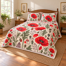 Red Poppy Heirloom Herbarium Quilt Set, Vintage Floral Bedding, Housewarming Gift