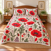 Red Poppy Heirloom Herbarium quilt set, 02-front, AI-generated mockup