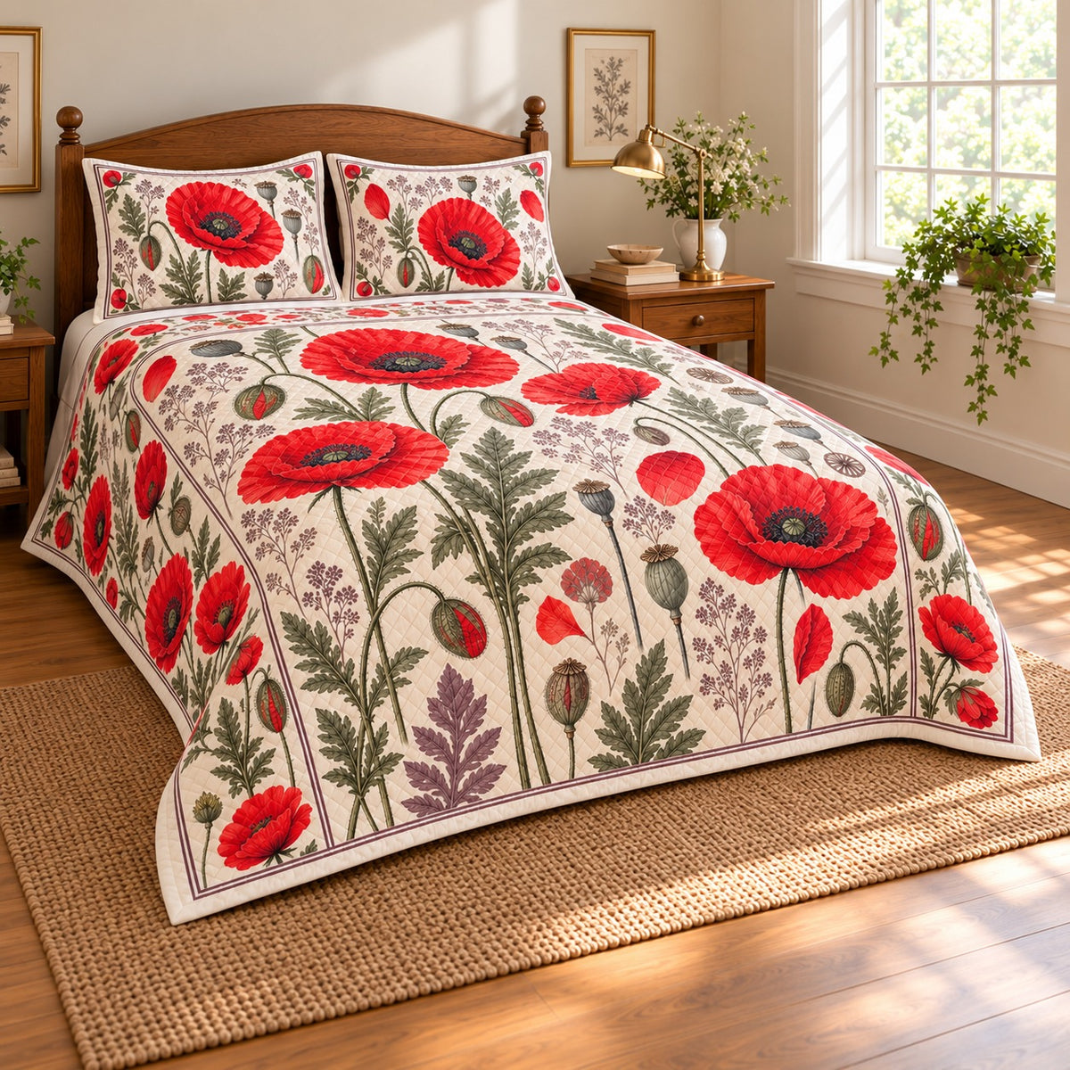 Red Poppy Heirloom Herbarium quilt set, 03-left, AI-generated mockup