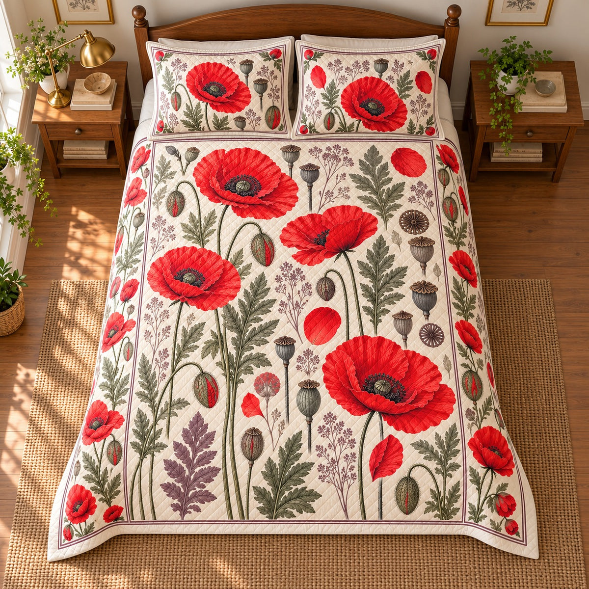 Red Poppy Heirloom Herbarium quilt set, 04-overhead, AI-generated mockup