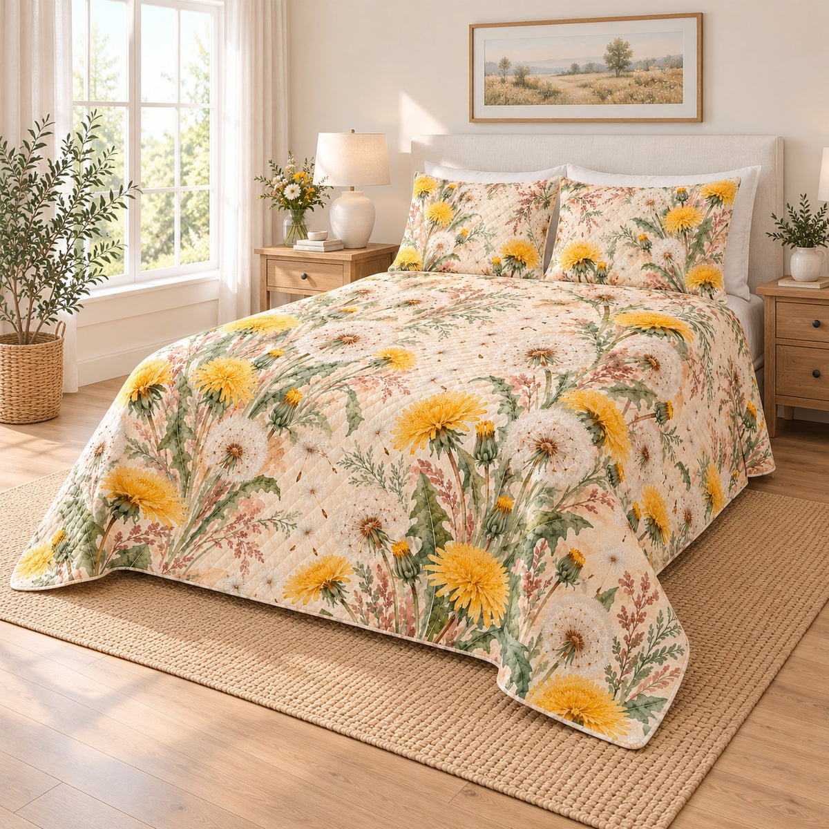 Dandelion Watercolor Bouquet Drift quilt set, 01-hero, AI-generated mockup